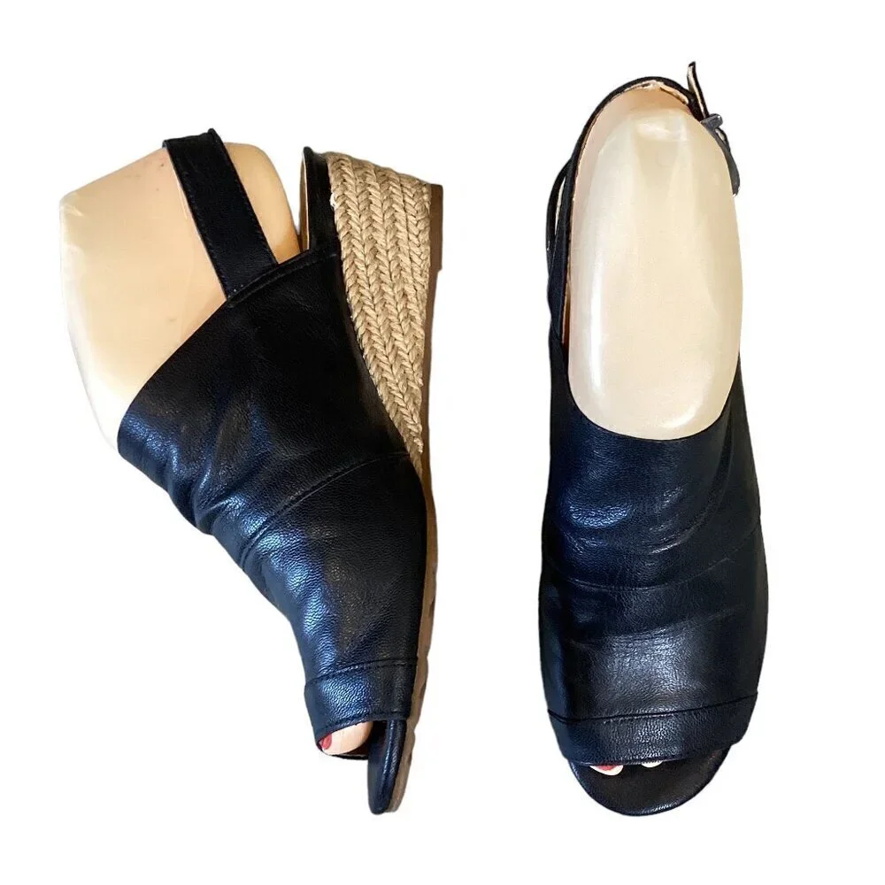 Nurture Mylene Leather Espadrille Wedge Sandals Open Toe Sz 6M Black‎ #280D